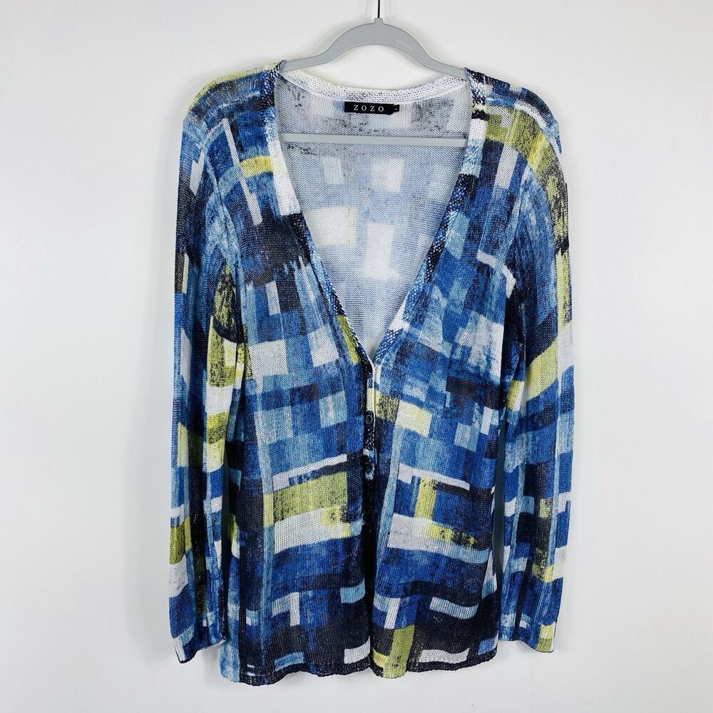 Zozo Sz Large Printed Linen Blend Lightweight Button Front Topper Cardigan Blue